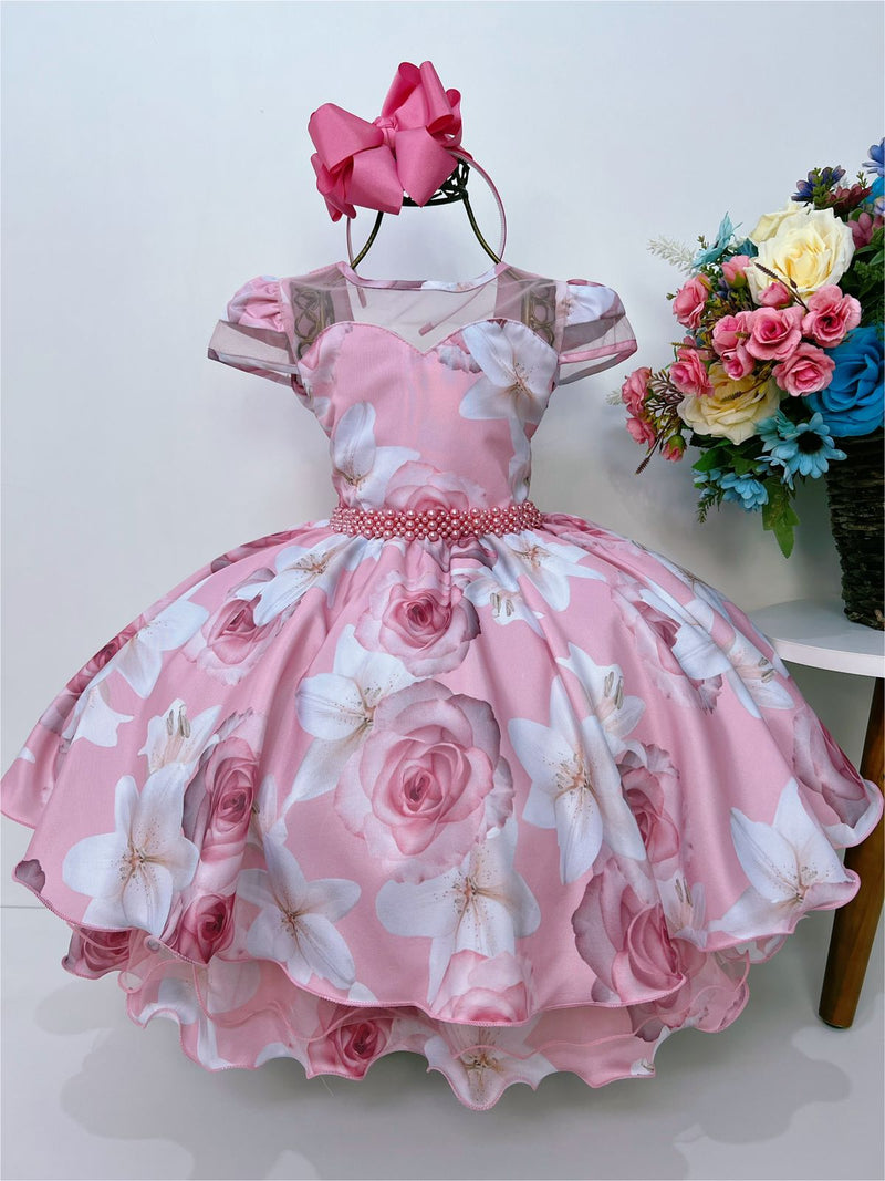 Vestido Infantil Rosa Florido C/ Cinto de Pérolas Luxo (2285RS)