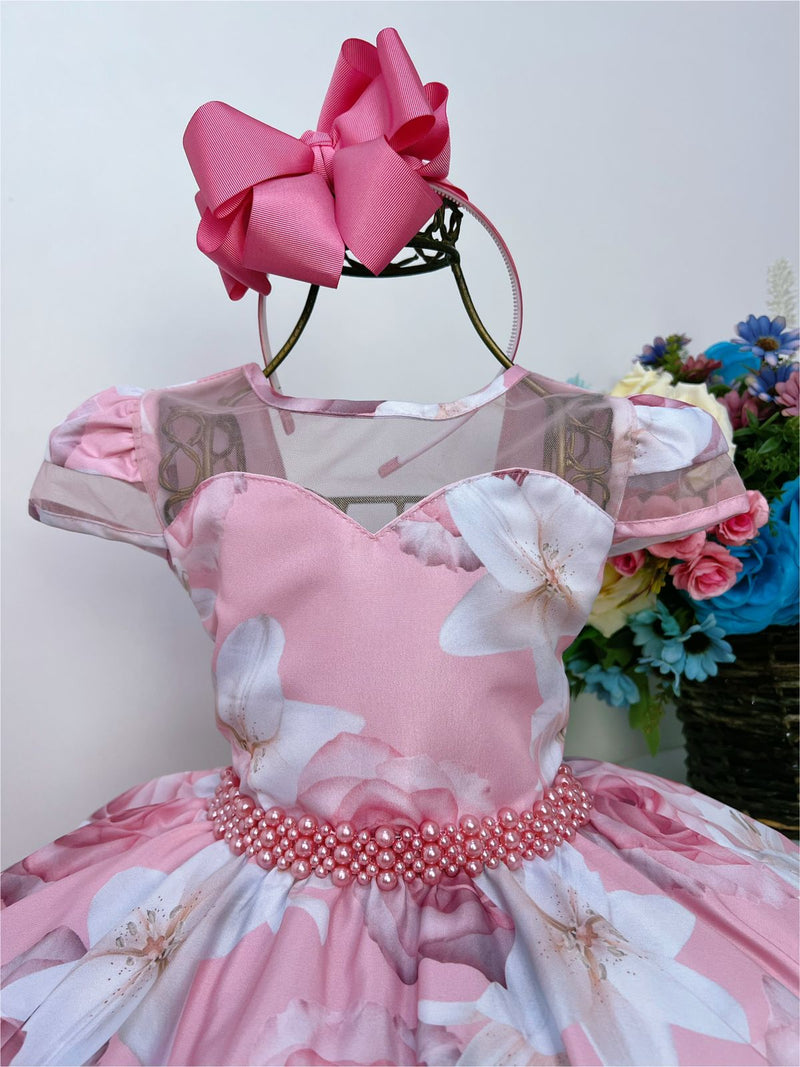 Vestido Infantil Rosa Florido C/ Cinto de Pérolas Luxo (2285RS)