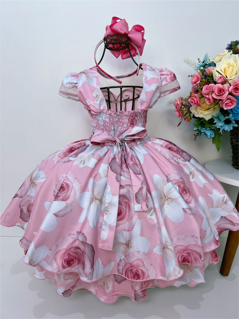 Vestido Infantil Rosa Florido C/ Cinto de Pérolas Luxo (2285RS)