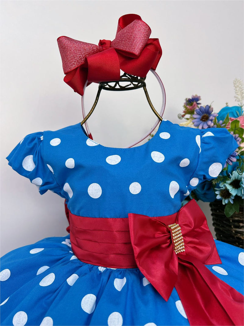 Vestido Infantil Galinha Pintadinha Azul C/ Bolas Brancas