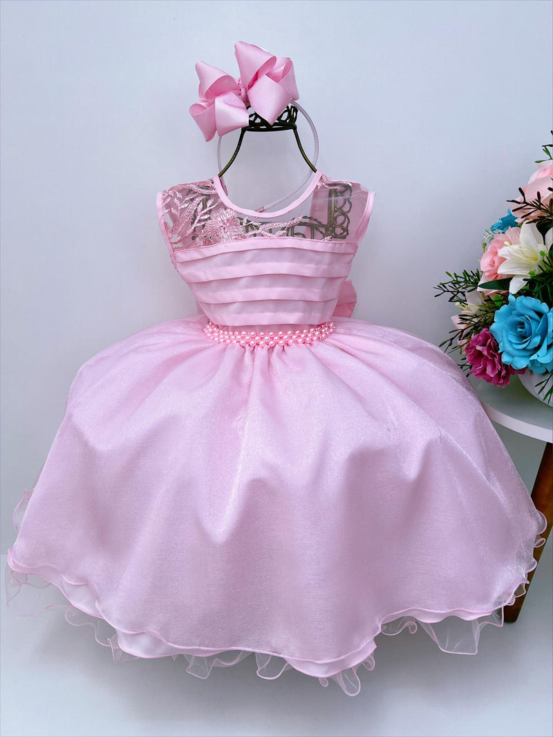 Vestido Infantil Rosa C/ Renda e Busto Plissado Daminhas