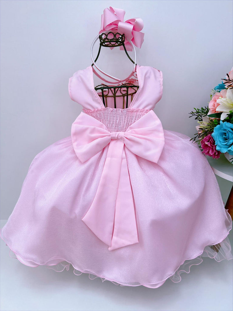 Vestido Infantil Rosa C/ Renda e Busto Plissado Daminhas