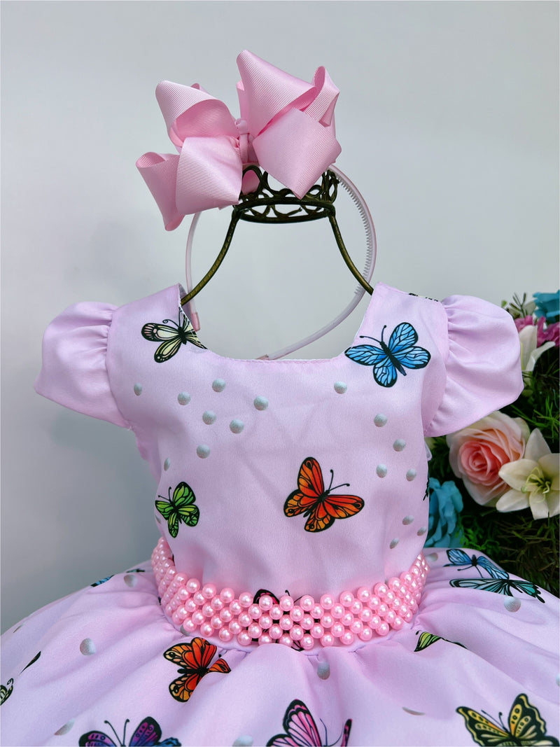 Vestido Infantil Jardim das Borboletas Rosa Luxo Cinto