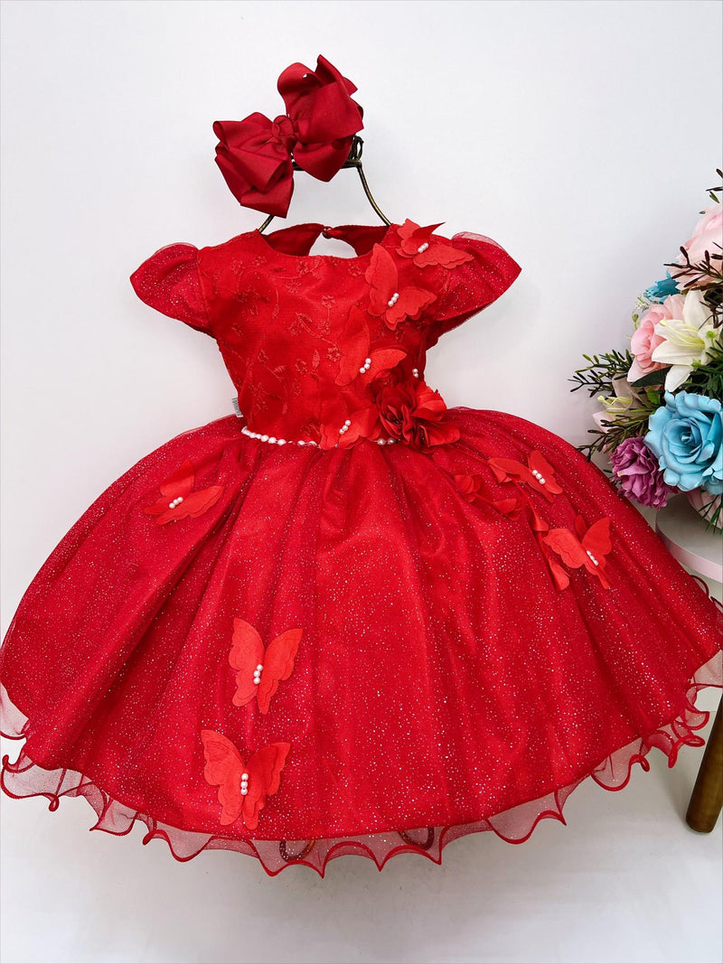 Vestido Infantil Vermelho Aplique de Borboletas Flor Brilho (2230VM)