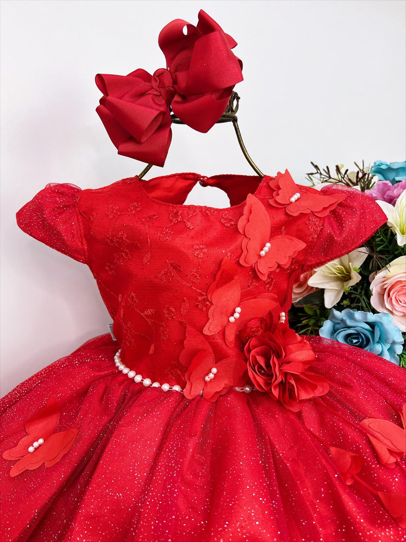 Vestido Infantil Vermelho Aplique de Borboletas Flor Brilho (2230VM)