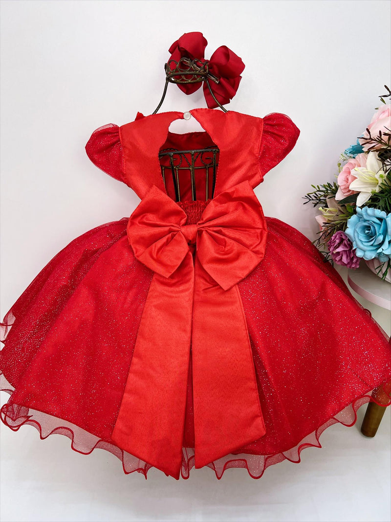 Vestido Infantil Vermelho Aplique de Borboletas Flor Brilho (2230VM)