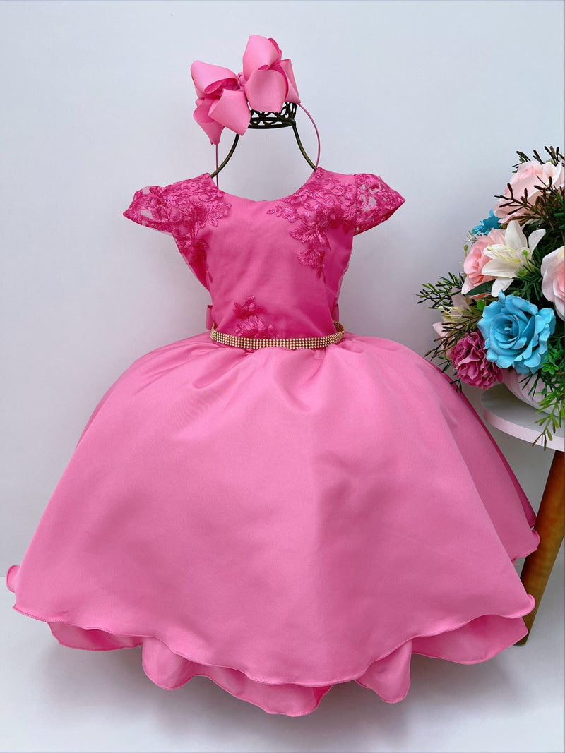 Vestido Infantil Rosa Chiclete Renda Cinto Strass Luxo Damas