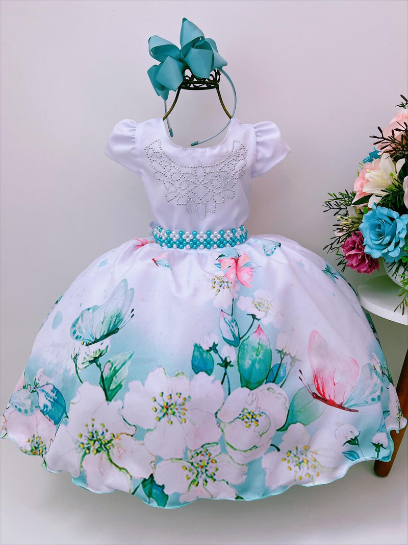 Vestido Infantil Trapézio Azul Bebê Jardim Borboletas Luxo