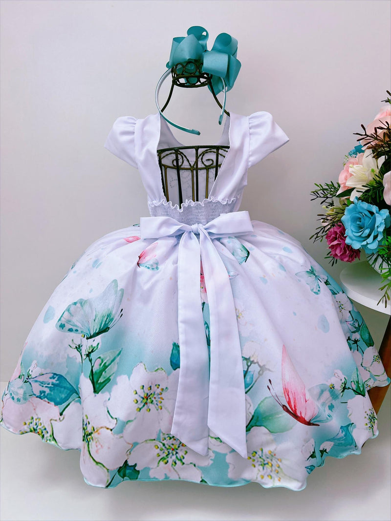 Vestido Infantil Trapézio Azul Bebê Jardim Borboletas Luxo