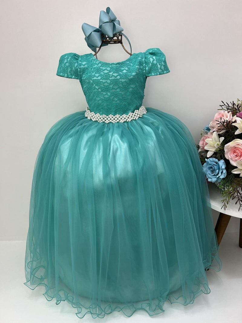 Vestido Infantil Verde Tule Renda Longo Dama Luxo Casamento