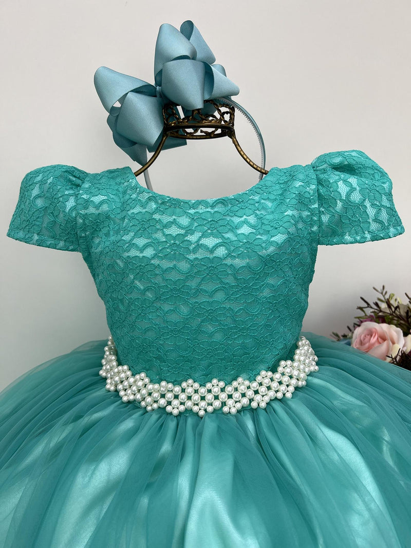 Vestido Infantil Verde Tule Renda Longo Dama Luxo Casamento