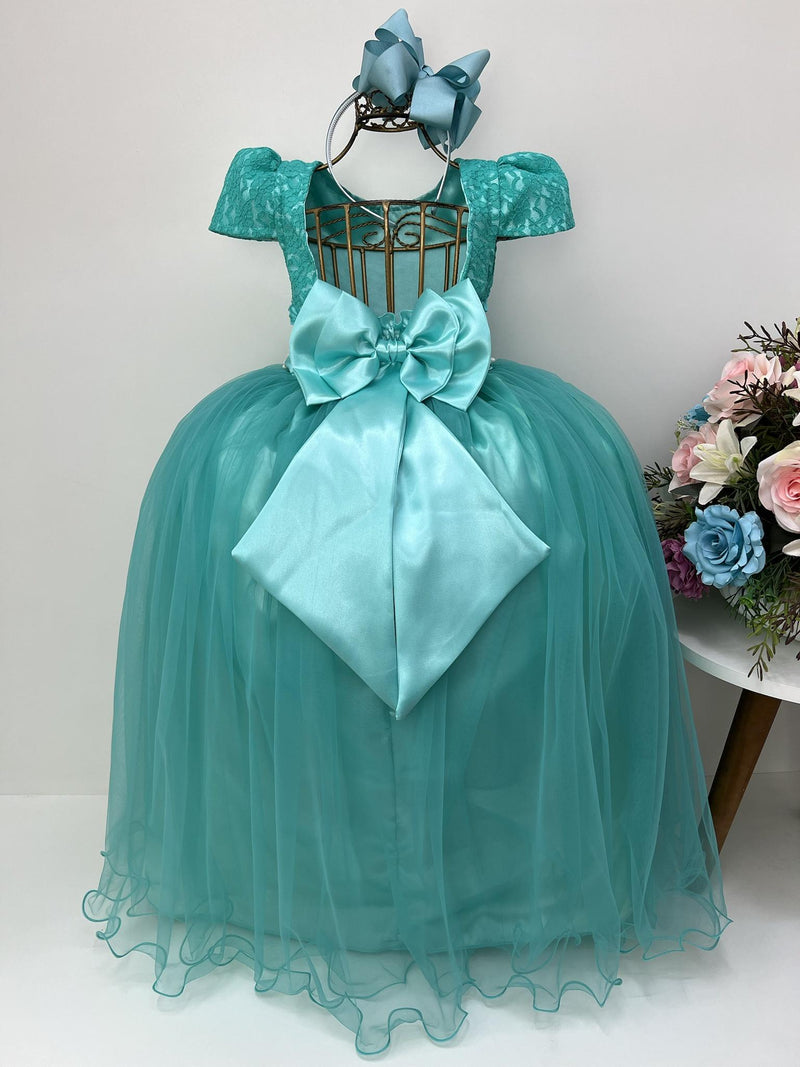 Vestido Infantil Verde Tule Renda Longo Dama Luxo Casamento