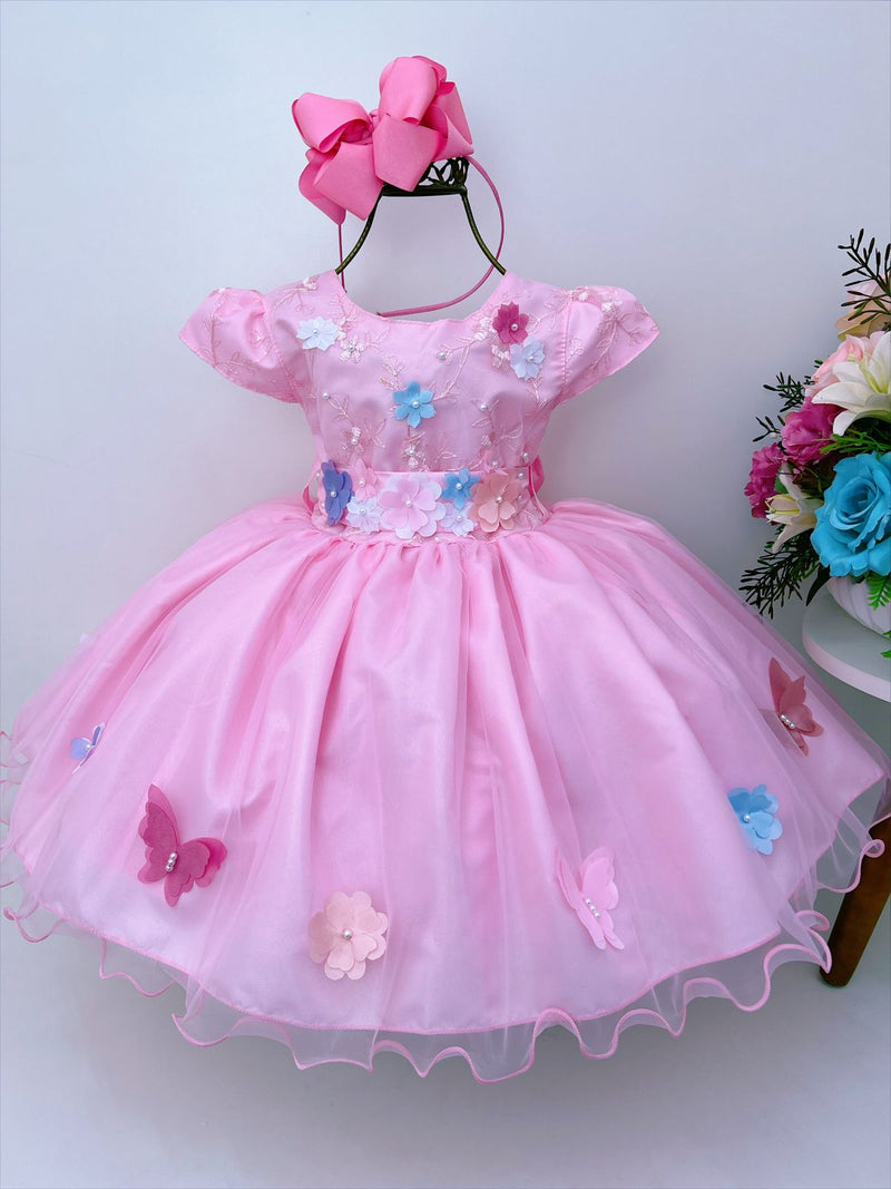 Vestido Infantil Rosa Renda Aplique Flores Borboletas Pérolas (2196RS)