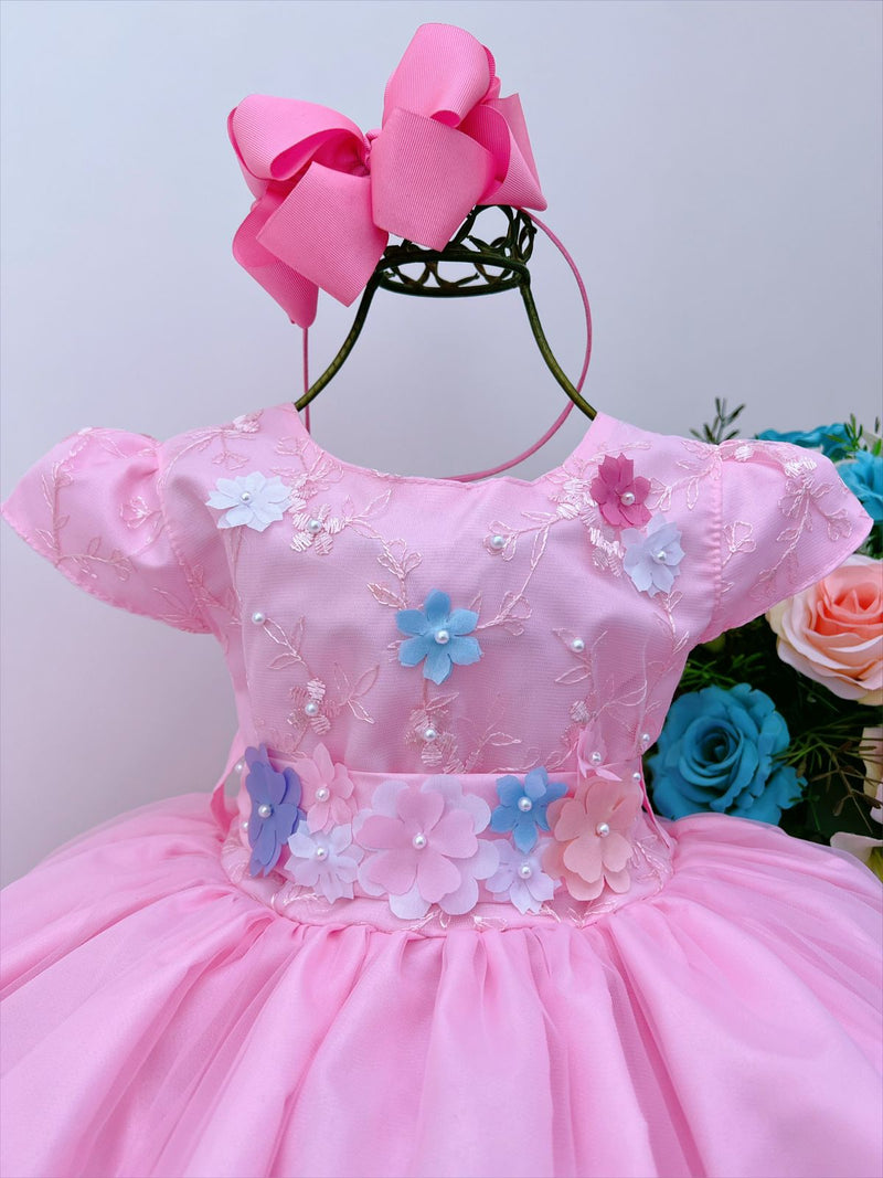 Vestido Infantil Rosa Renda Aplique Flores Borboletas Pérolas (2196RS)