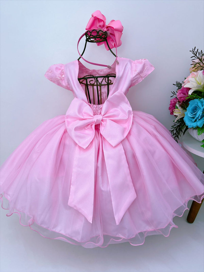 Vestido Infantil Rosa Renda Aplique Flores Borboletas Pérolas (2196RS)