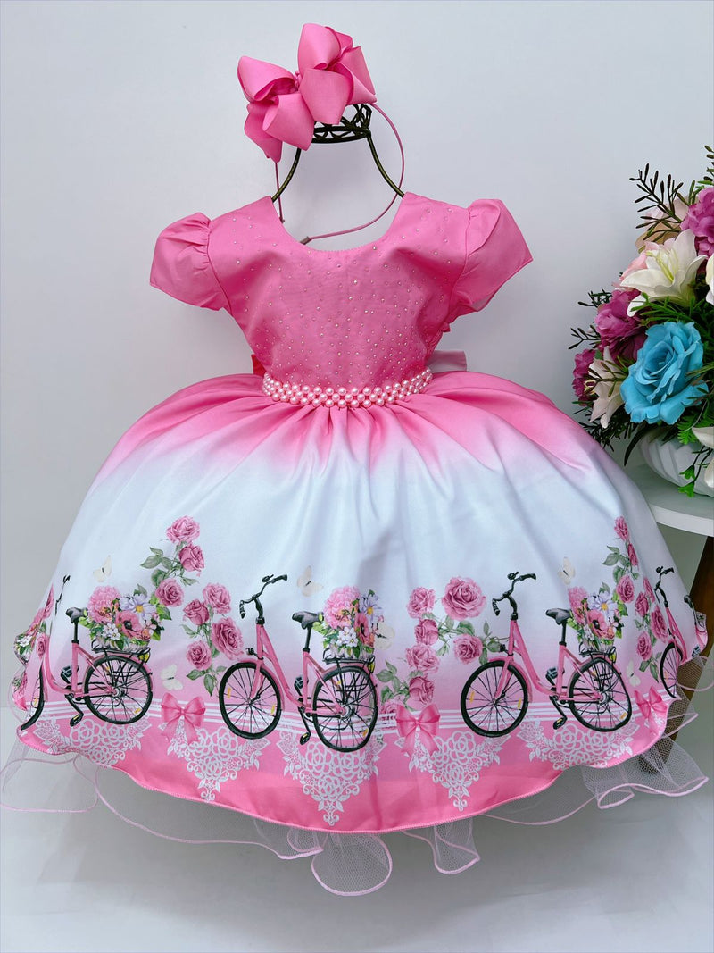 Vestido Infantil Rosa Chiclete Primavera Strass Pérolas (1630RC)