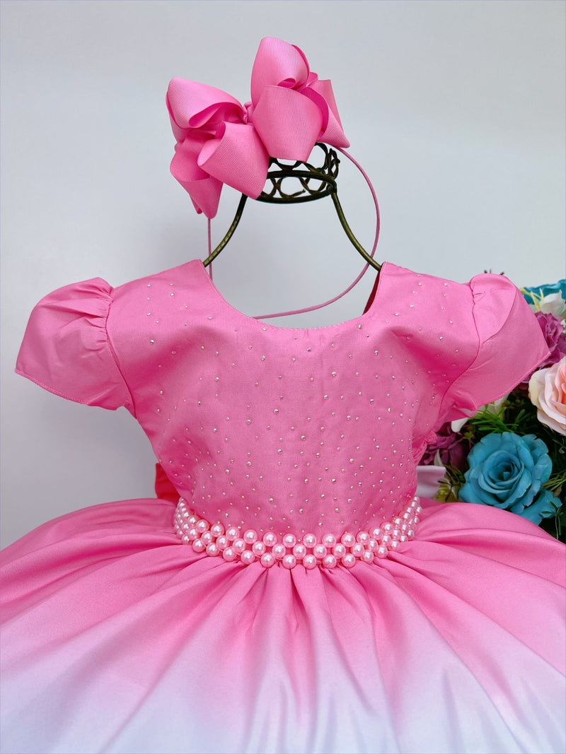 Vestido Infantil Rosa Chiclete Primavera Strass Pérolas (1630RC)