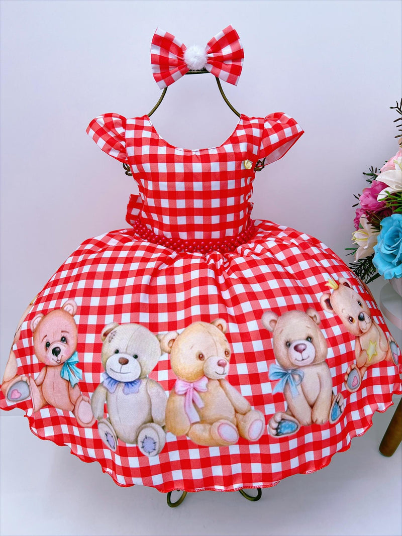 Vestido Infantil Vermelho Festas Ursinho Xadrez Pérolas