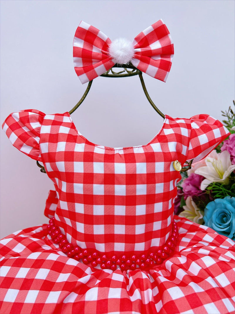 Vestido Infantil Vermelho Festas Ursinho Xadrez Pérolas