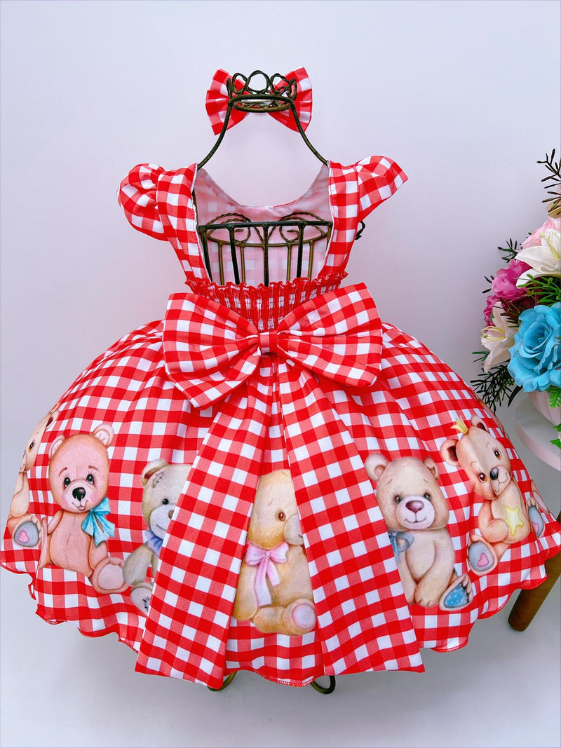 Vestido Infantil Vermelho Festas Ursinho Xadrez Pérolas