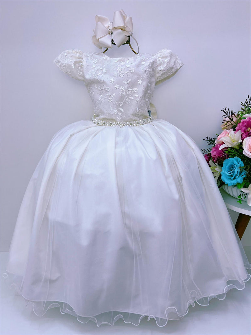 Vestido Infantil Marfim Renda Damas Honra Casamentos Pérola