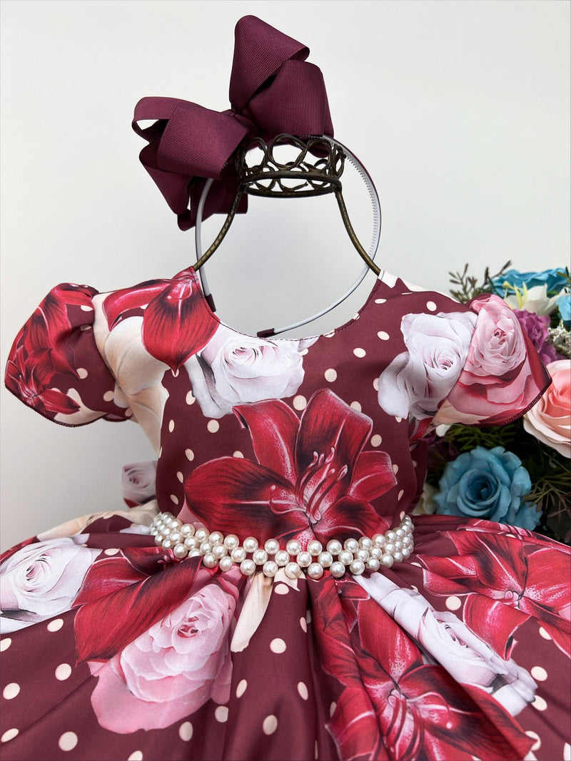 Vestido Infantil Marsala Florido C/ Cinto de Pérolas Luxo