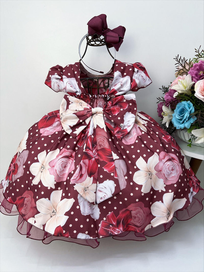 Vestido Infantil Marsala Florido C/ Cinto de Pérolas Luxo