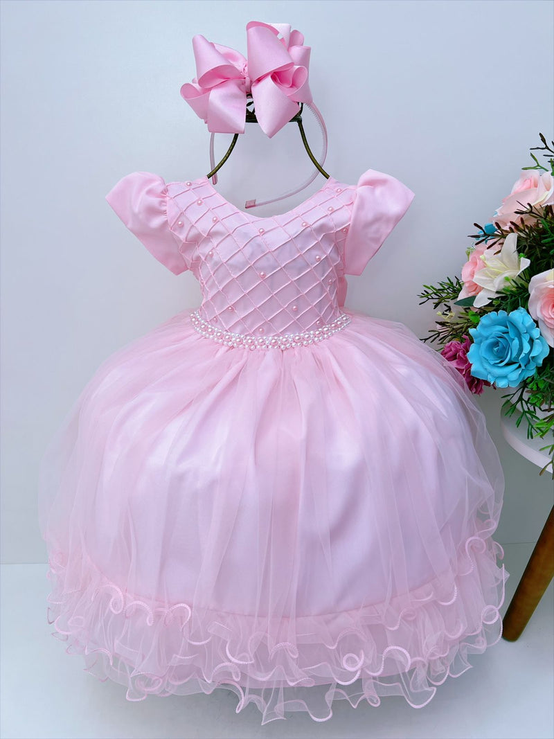 Vestido Infantil Rosa Peito C/ Nervura Pérolas Daminhas