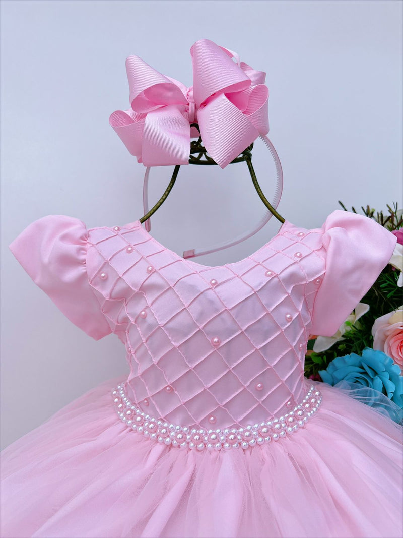 Vestido Infantil Rosa Peito C/ Nervura Pérolas Daminhas