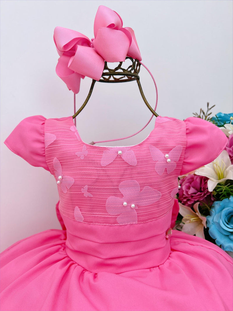 Vestido Infantil Rosa Chiclete Borboletas Pérolas Luxo