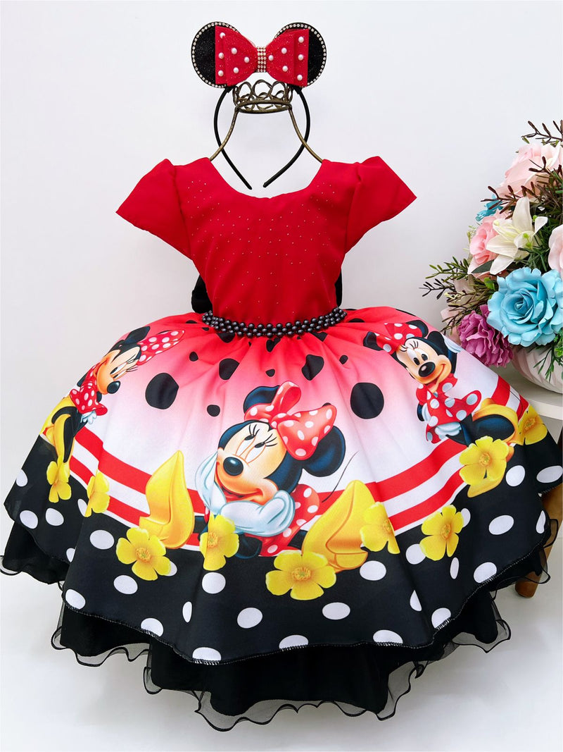 Vestido Infantil Minnie Vermelha Bolas Cinto e Pérolas Luxo (DLXME)