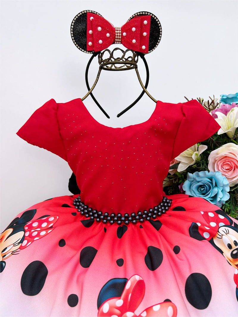 Vestido Infantil Minnie Vermelha Bolas Cinto e Pérolas Luxo (DLXME)