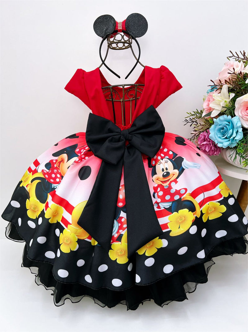 Vestido Infantil Minnie Vermelha Bolas Cinto e Pérolas Luxo (DLXME)