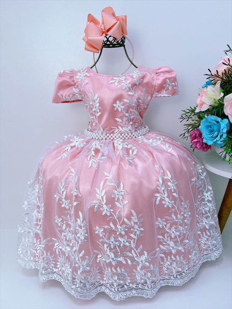 Vestido Infantil Salmão Renda Branca Realeza e Pérolas Luxo