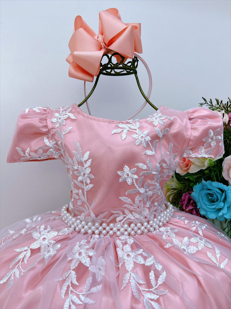 Vestido Infantil Salmão Renda Branca Realeza e Pérolas Luxo