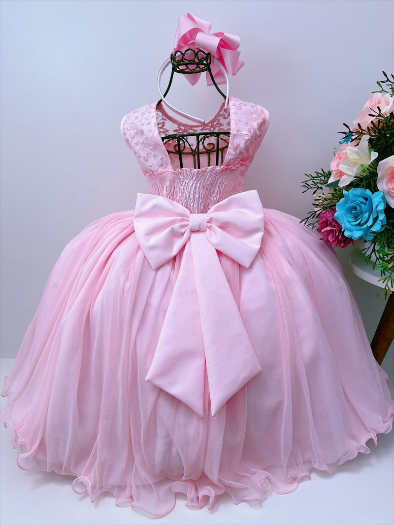 Vestido Infantil Rosa Renda de Luxo Cinto de Pérolas Damas