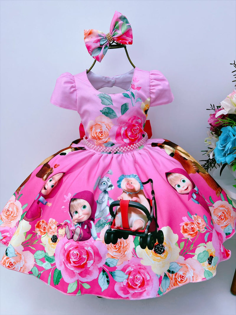 Vestido Infantil Masha e o Urso Rosa Cinto Pérolas