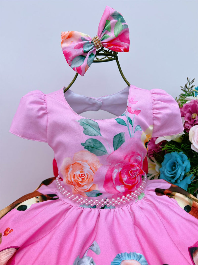 Vestido Infantil Masha e o Urso Rosa Cinto Pérolas