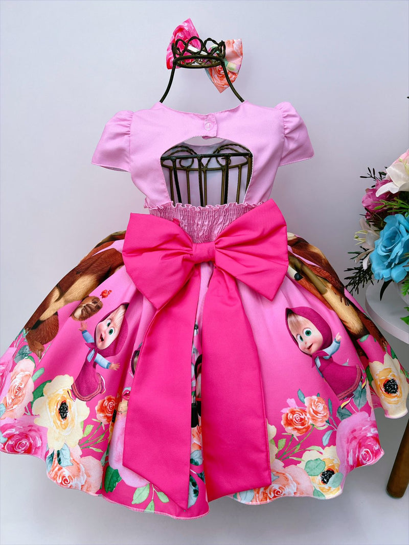 Vestido Infantil Masha e o Urso Rosa Cinto Pérolas