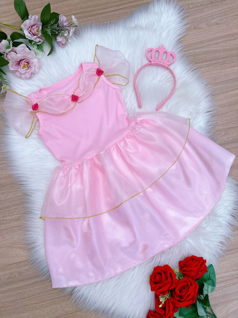 Fantasia Infantil Aurora e Bela Adormecida Rosa Com Tiara