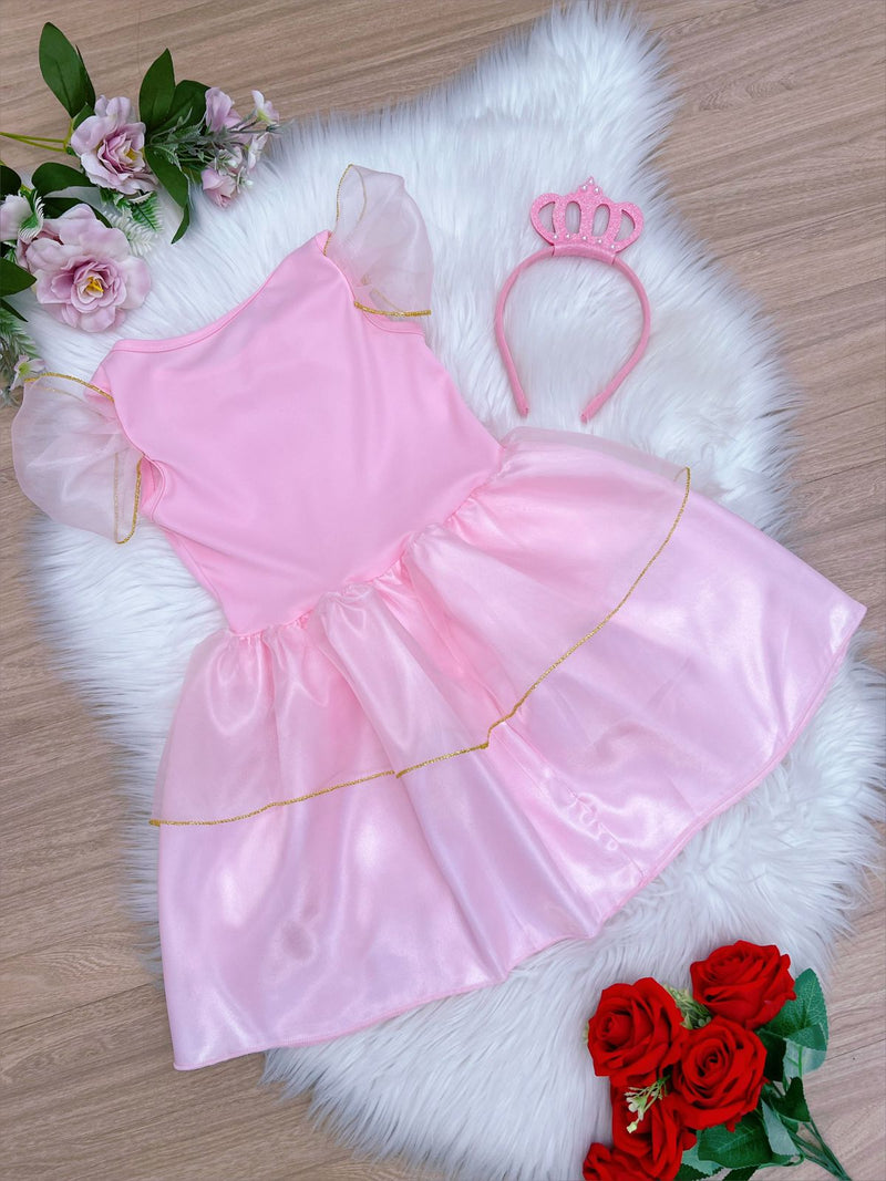 Fantasia Infantil Aurora e Bela Adormecida Rosa Com Tiara