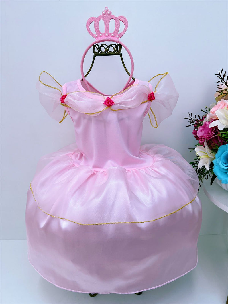 Fantasia Infantil Aurora e Bela Adormecida Rosa Com Tiara