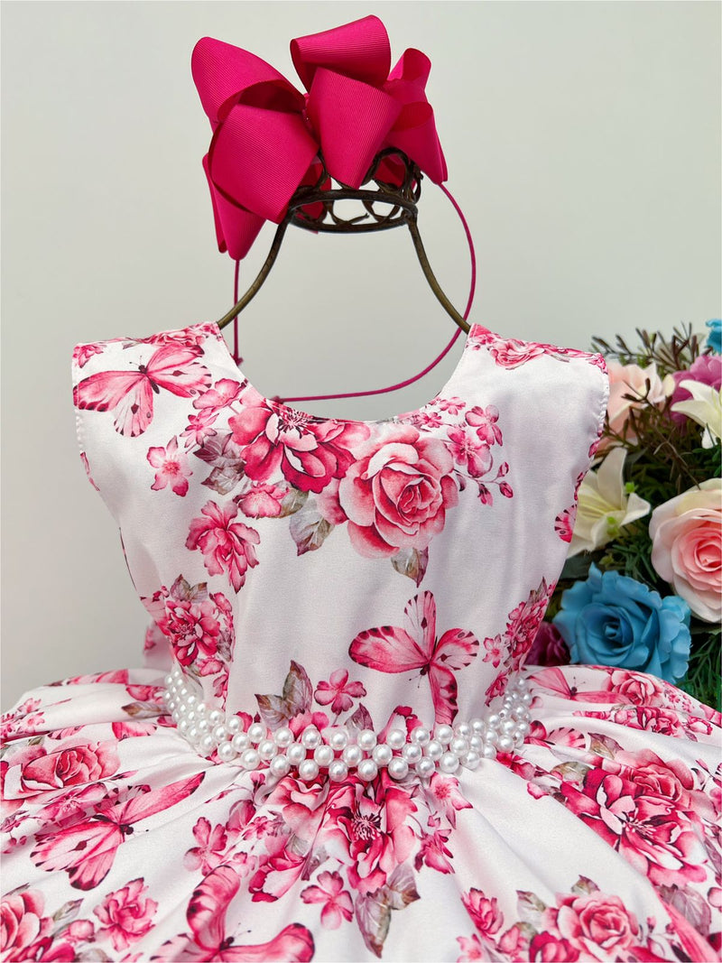 Vestido Infantil Rosa Bebê Jardim das Borboletas com Pérolas