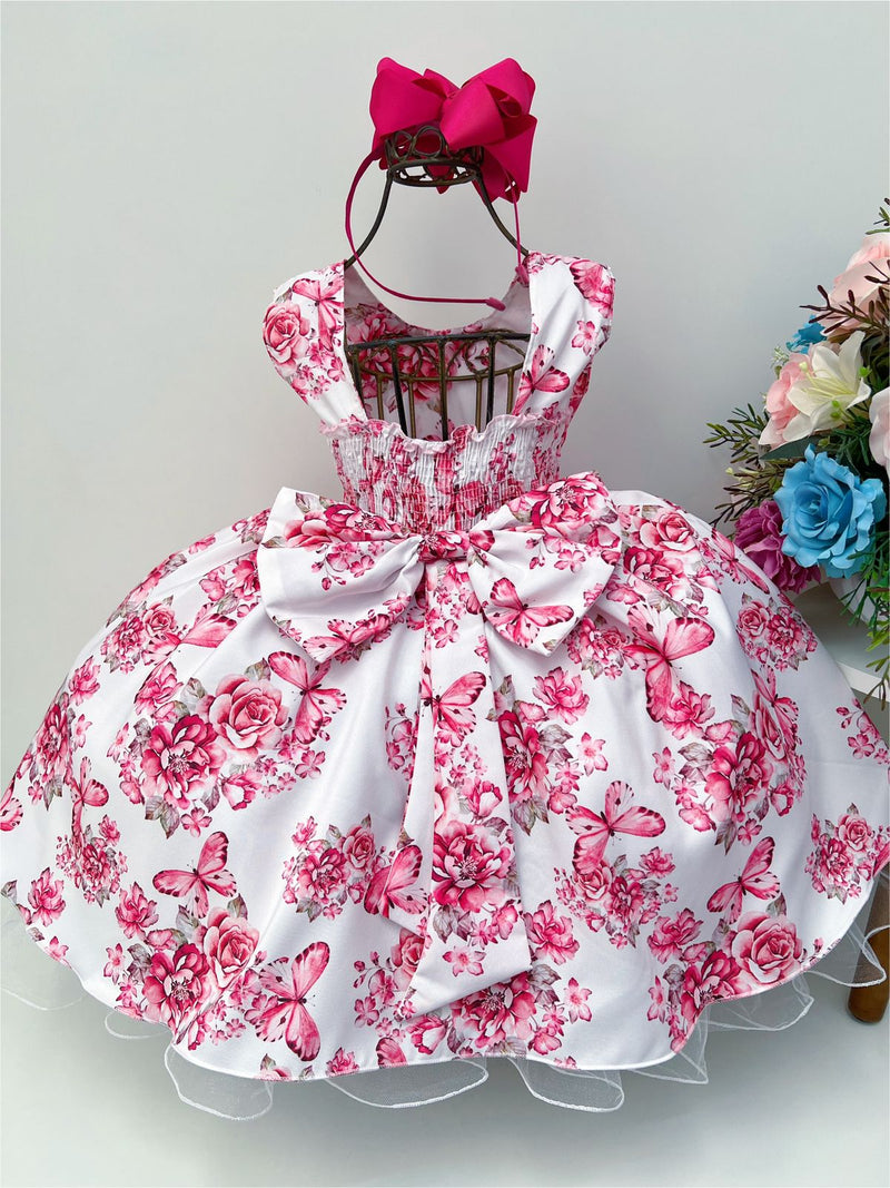 Vestido Infantil Rosa Bebê Jardim das Borboletas com Pérolas