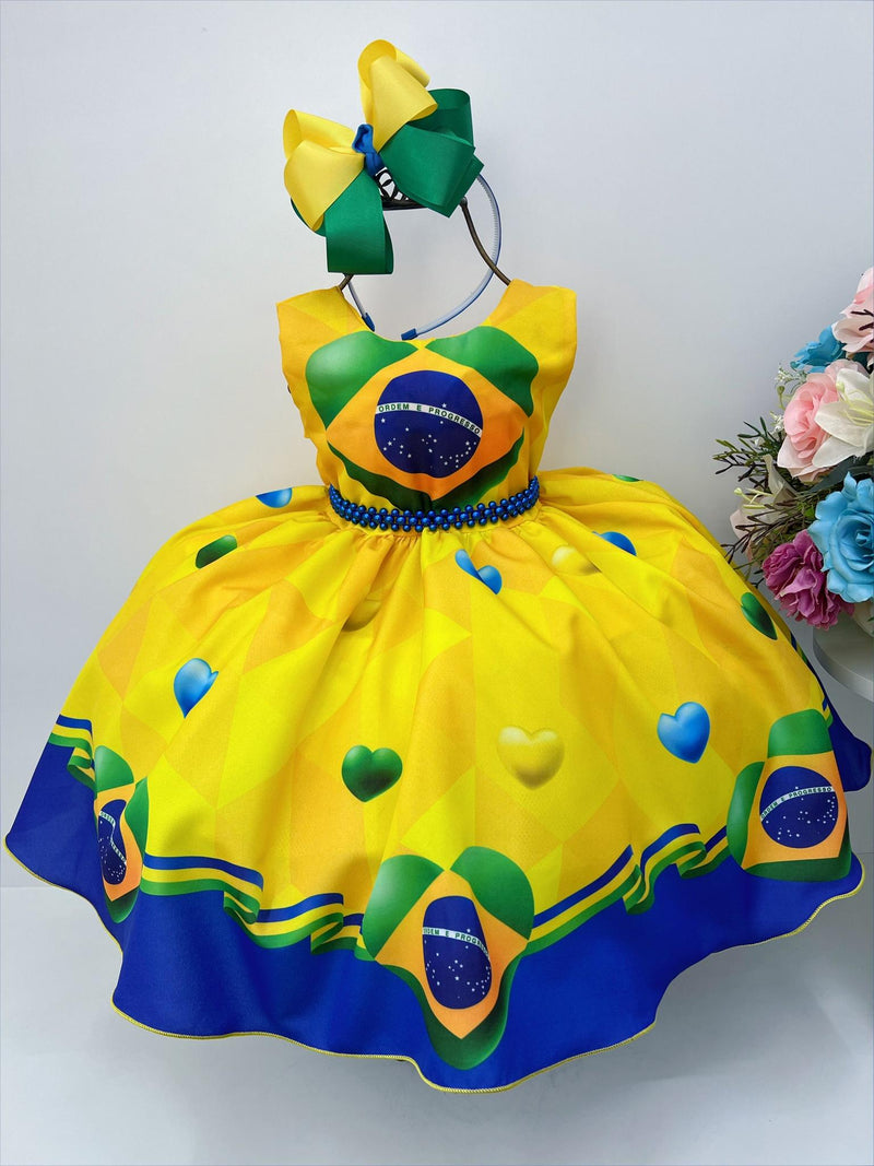 Vestido Infantil Temático Amarelo e Azul Brasil C/ Pérolas