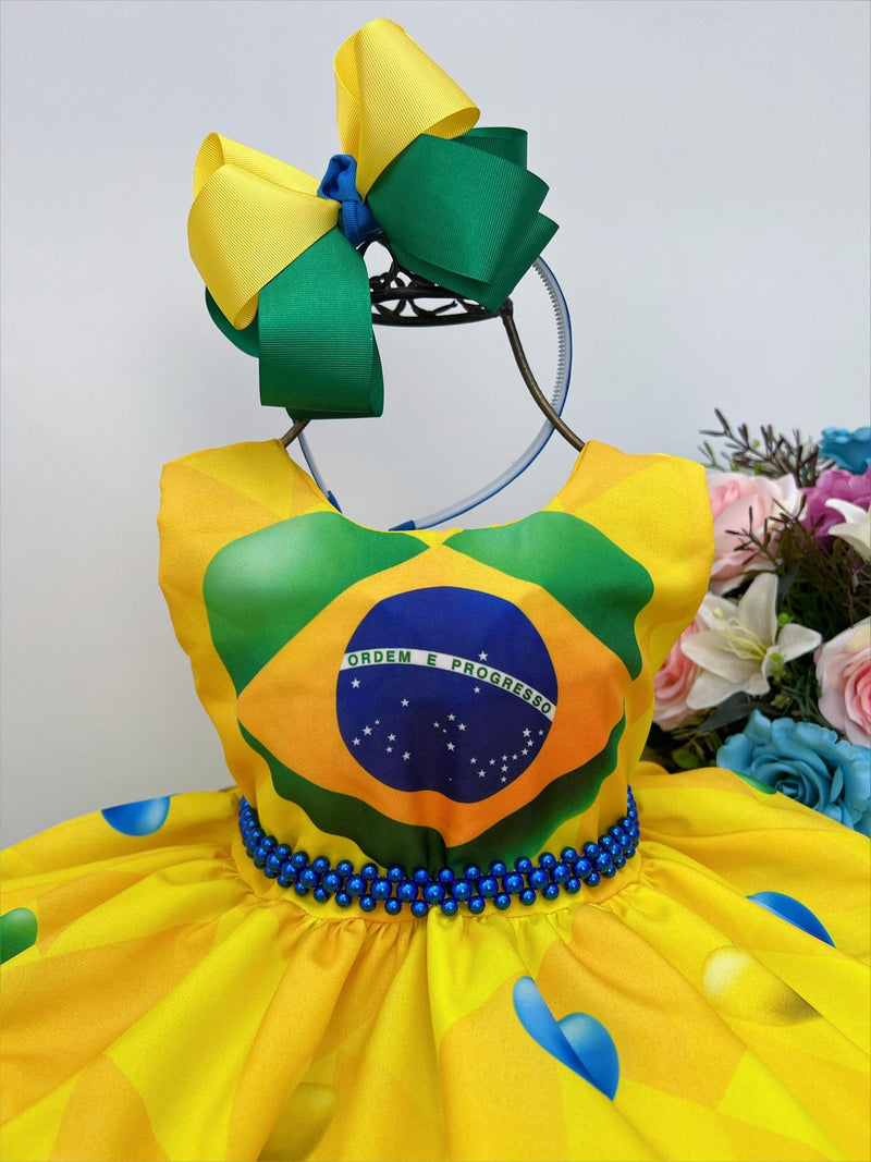 Vestido Infantil Temático Amarelo e Azul Brasil C/ Pérolas