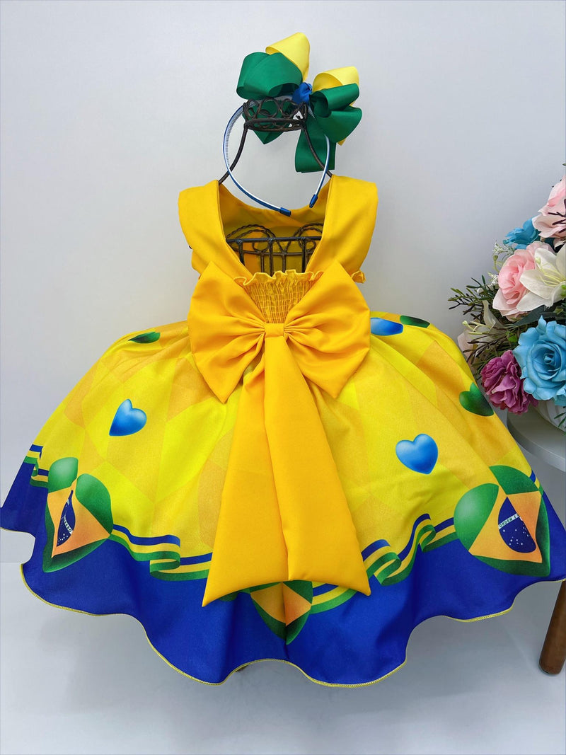 Vestido Infantil Temático Amarelo e Azul Brasil C/ Pérolas