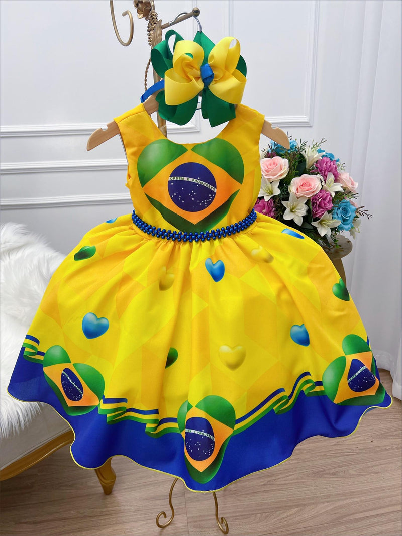 Vestido Infantil Temático Amarelo e Azul Brasil C/ Pérolas