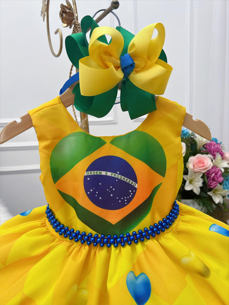 Vestido Infantil Temático Amarelo e Azul Brasil C/ Pérolas