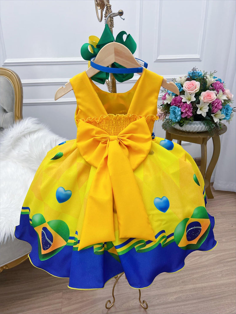 Vestido Infantil Temático Amarelo e Azul Brasil C/ Pérolas